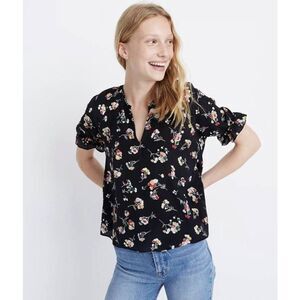 Madewell 100% Silk Notched Ruffle Cuff Top Carnation Toss Floral NWT
